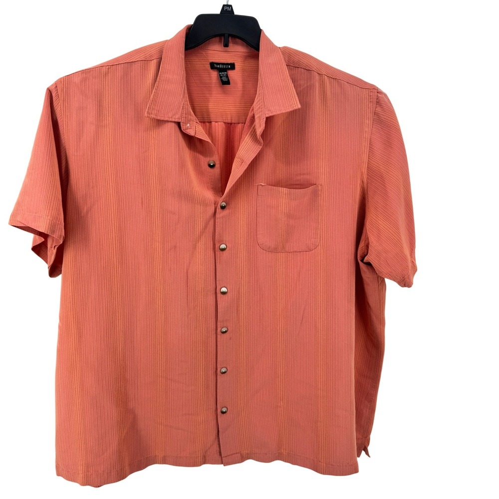 Van Heusen Button Down Shirt Mens 3XL Salmon Orange Striped Rayon Blend Casual